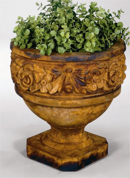 Statuary Sculpted Flower Relief Garden Pot Planter Cement Vase